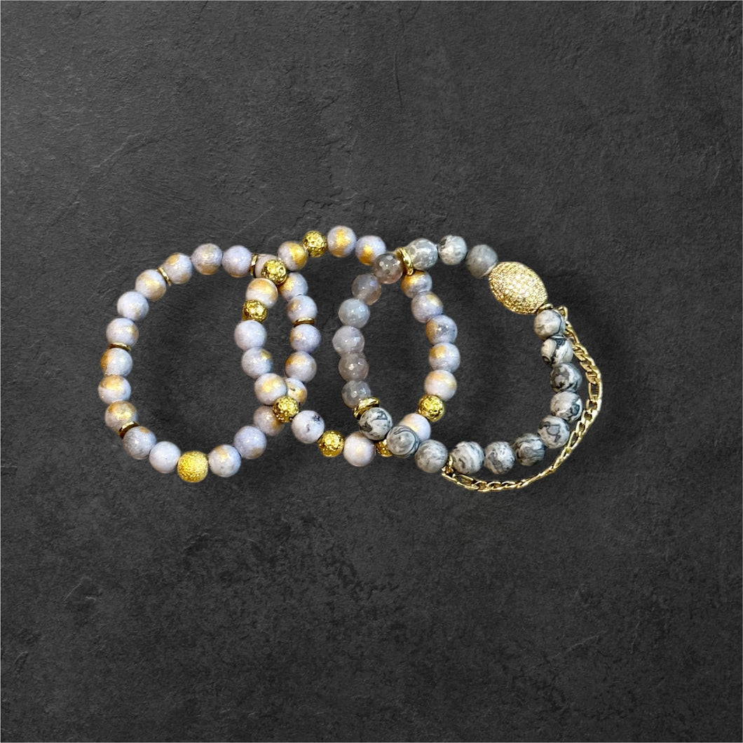 Gray, Gold, and Glam Bracelet Stack.