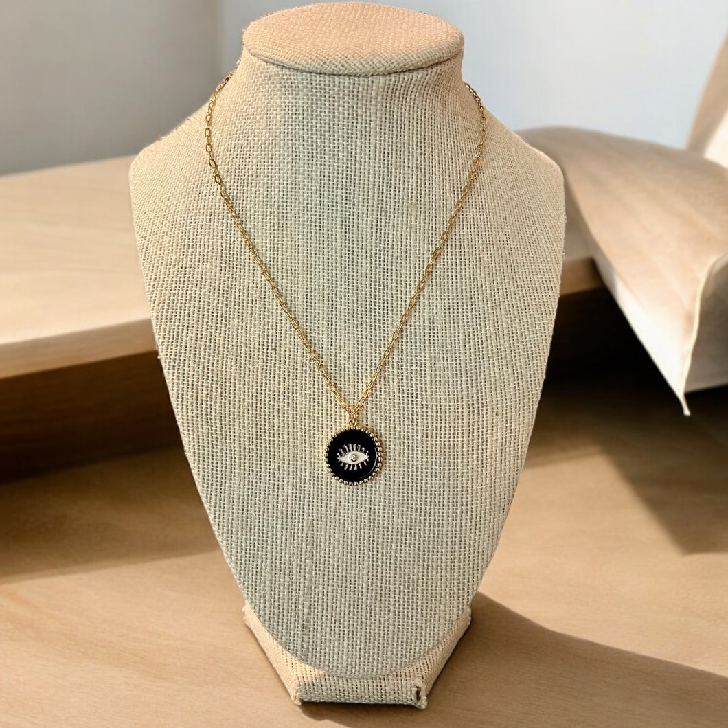 Black and gold evil eye pendent necklace