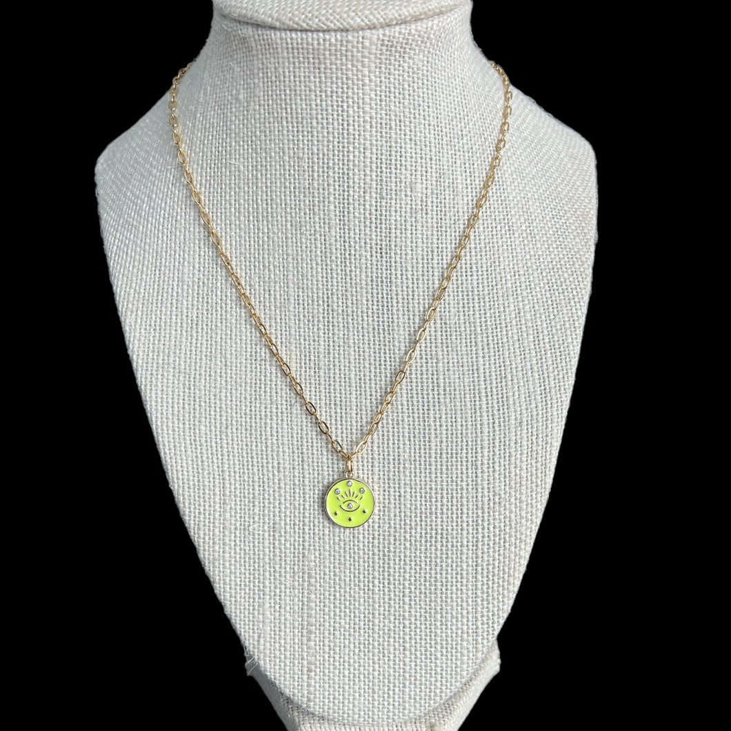 Highlighter Yellow And Gold Evil Eye Pendant Necklace