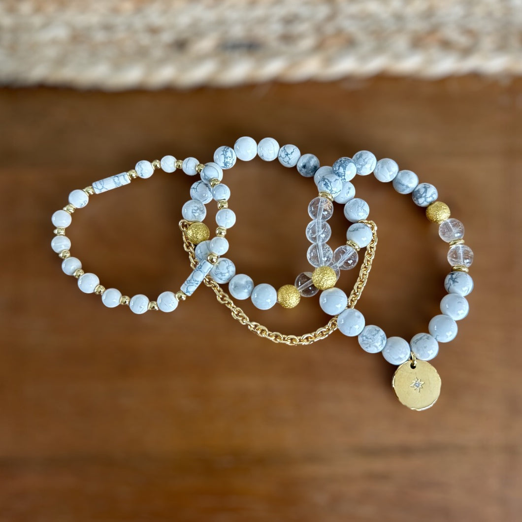 Howlite & Clear Quartz Bracelet Stack