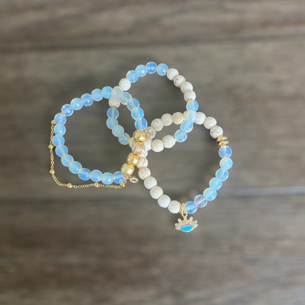 Opalite Bracelet Stack with Evil Eye Charm