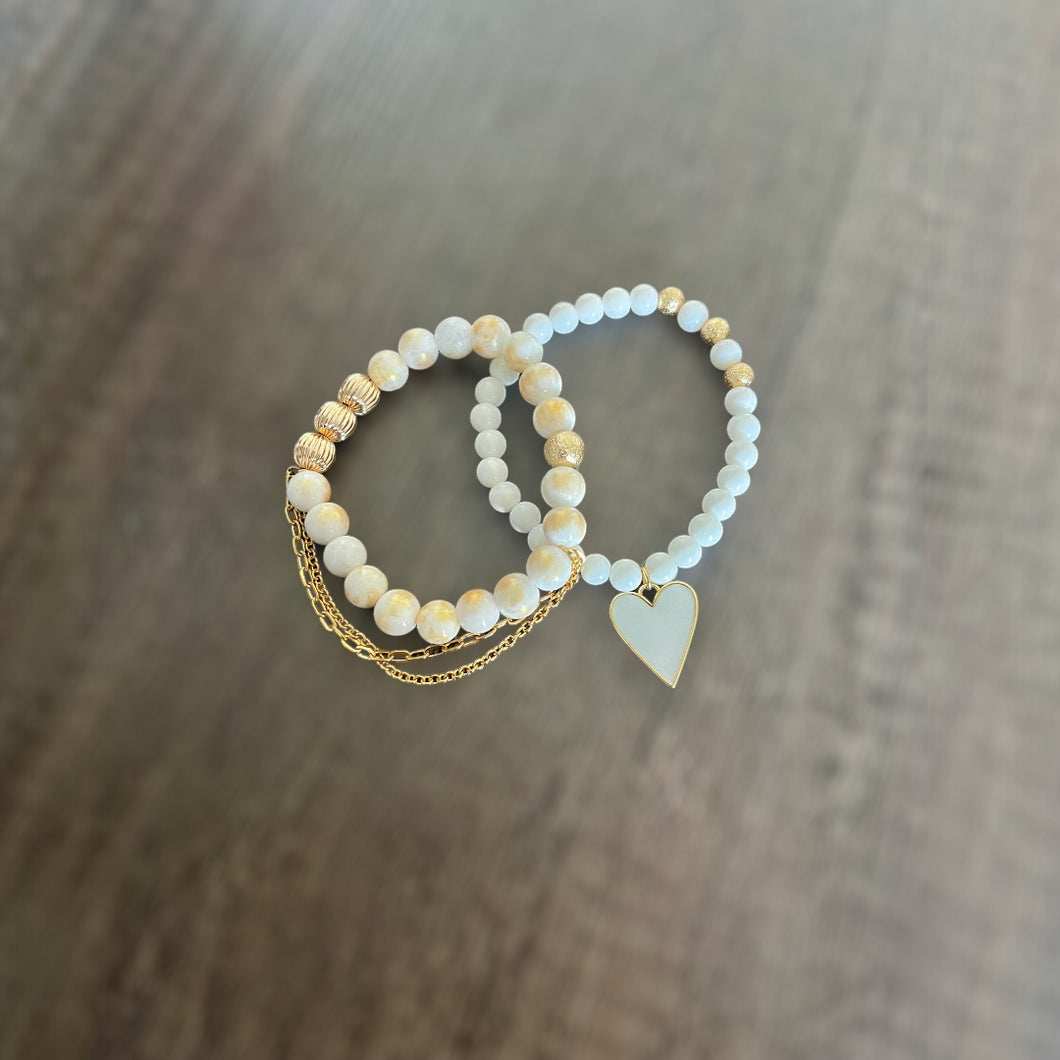 White Jade and Heart Bracelet Set