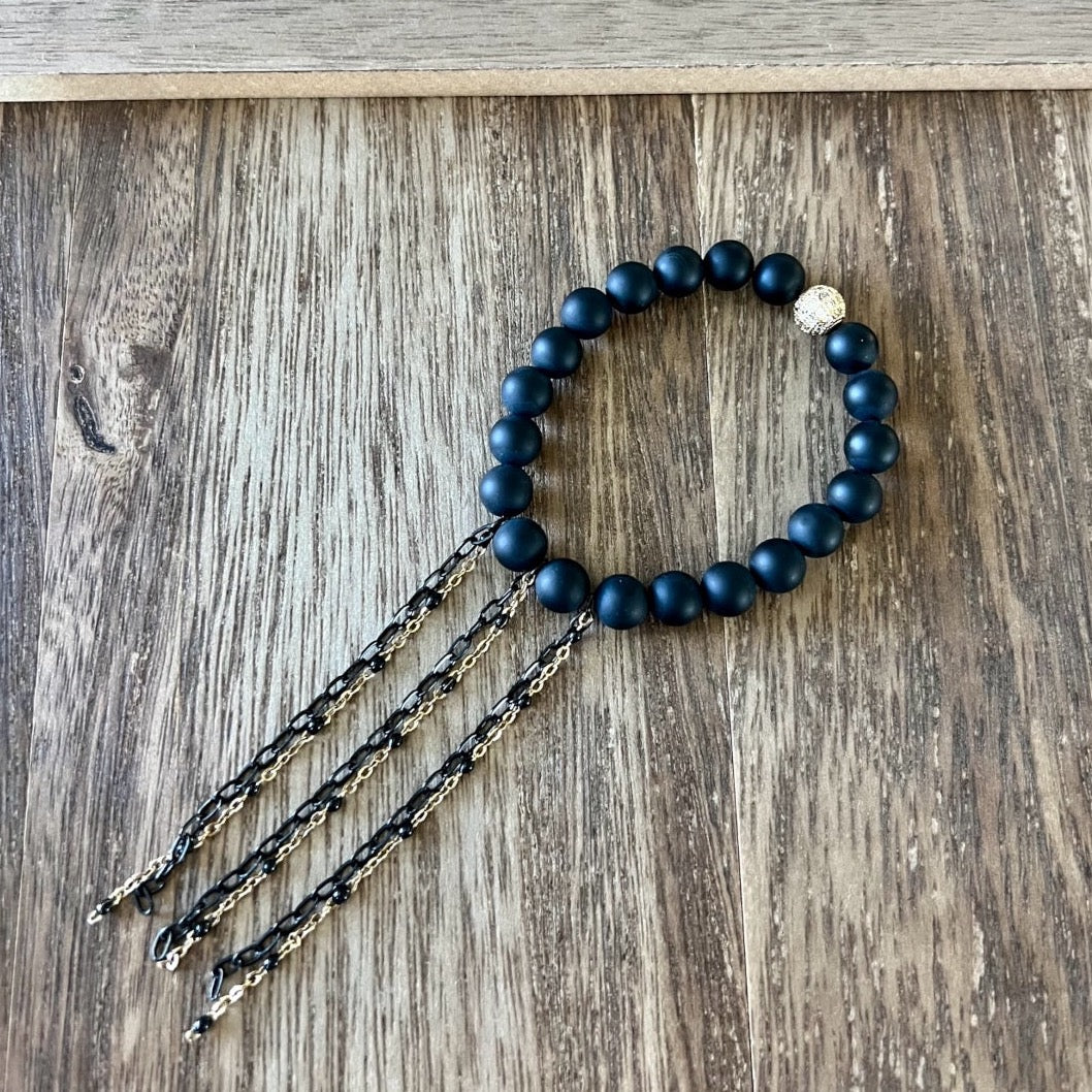 Black Onyx Bracelet with Black Chain Fringe