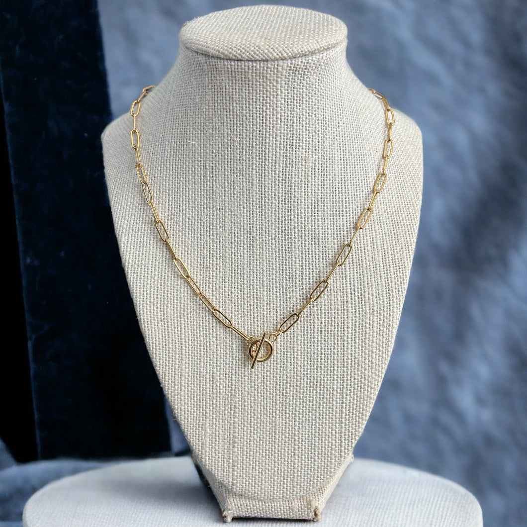 Gold Paper Clip Chain Necklace with Toggle Clasp.