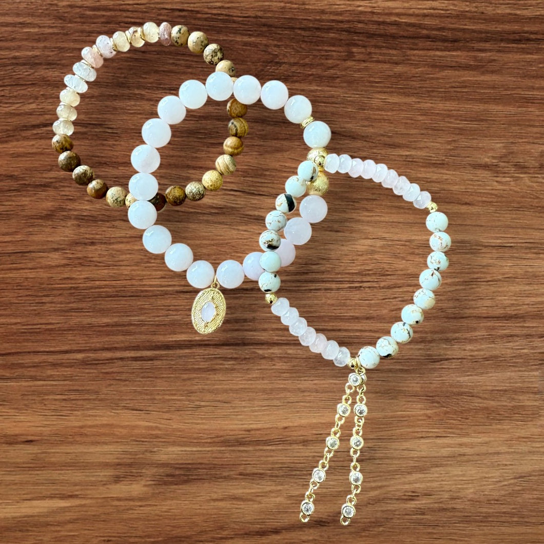 Rose Quartz and Earth Tones Bracelet Set