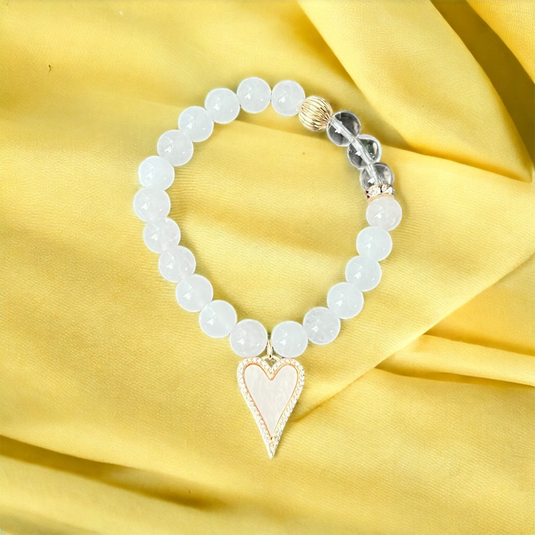 White Jade, Clear Quartz 8 mm Bracelet with Mother or Pearl Heart Charm