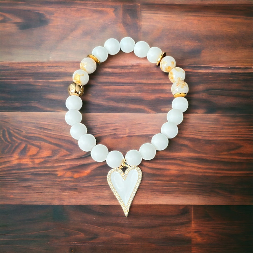 White Jade and Shell 8mm Bracelet with White Enamel Heart Charm