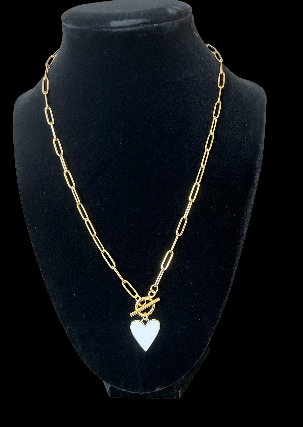 White Enamel and Gold Plated Heart charm on a Tarnish Free Paperclip Chain with Toggle Clasp Necklace