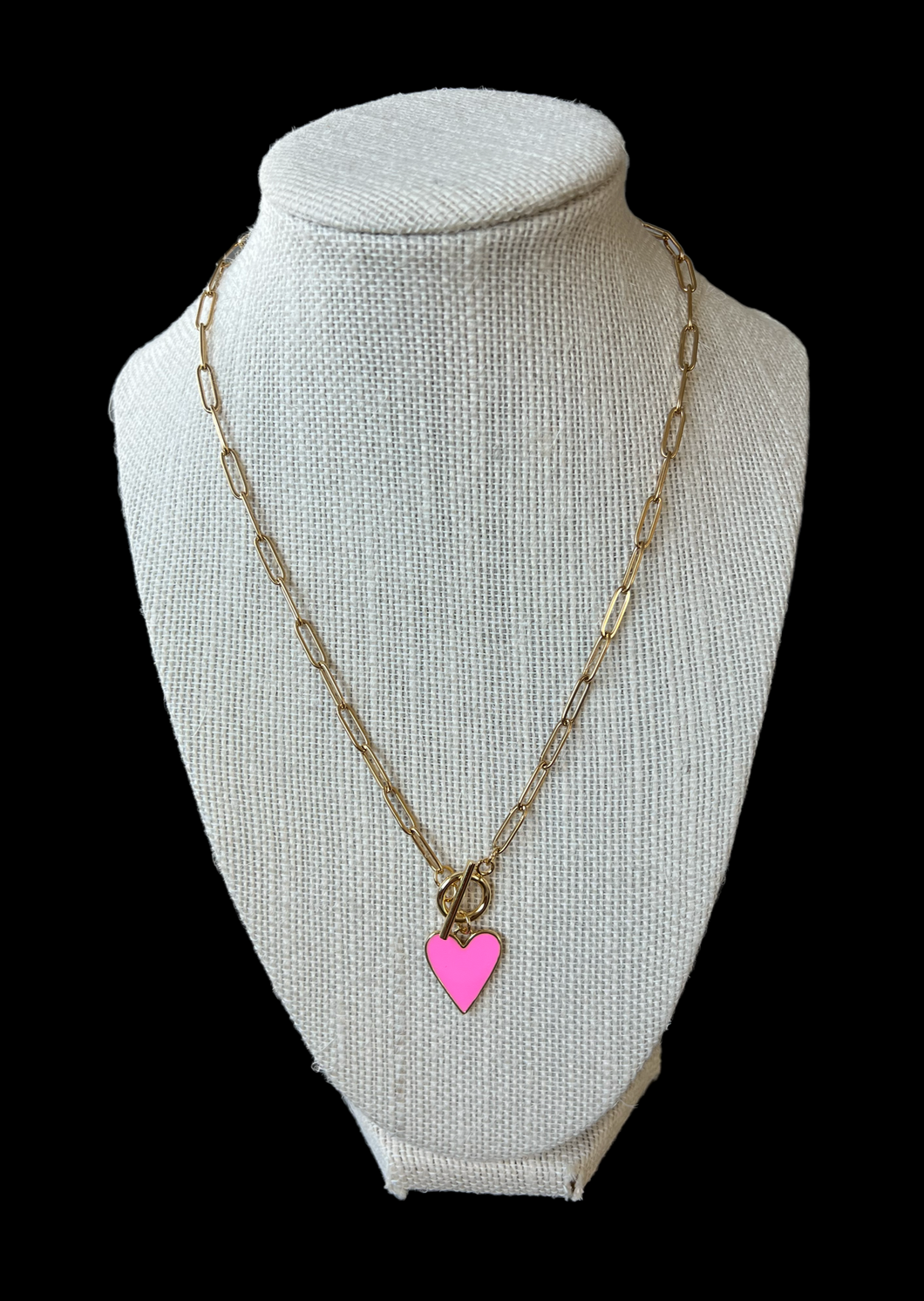 Pink Enamel and Gold Plated Heart Charm on a Tarnish Free Paperclip Toggle Clasp Necklace